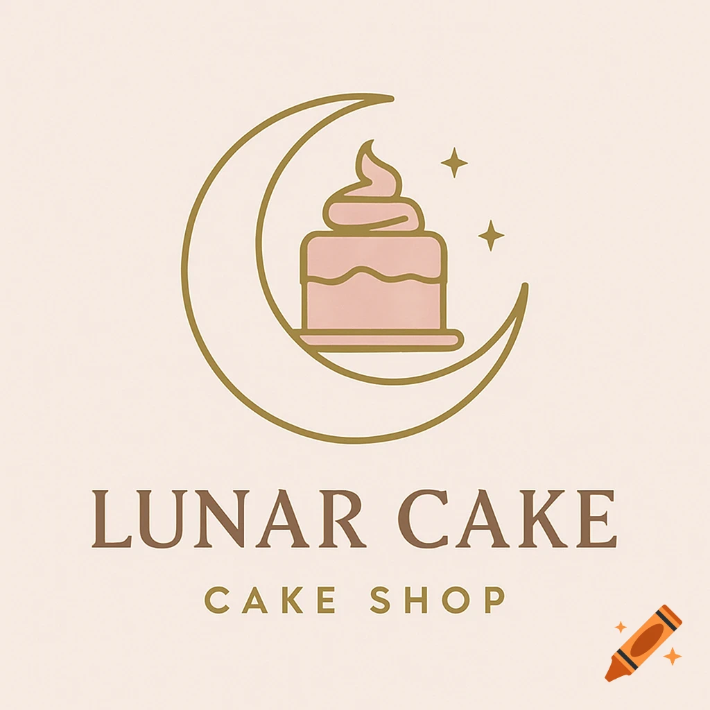 Minimalist logo for Lunar Cake Shop featuring a gold crescent moon, a pink cake, and text.
