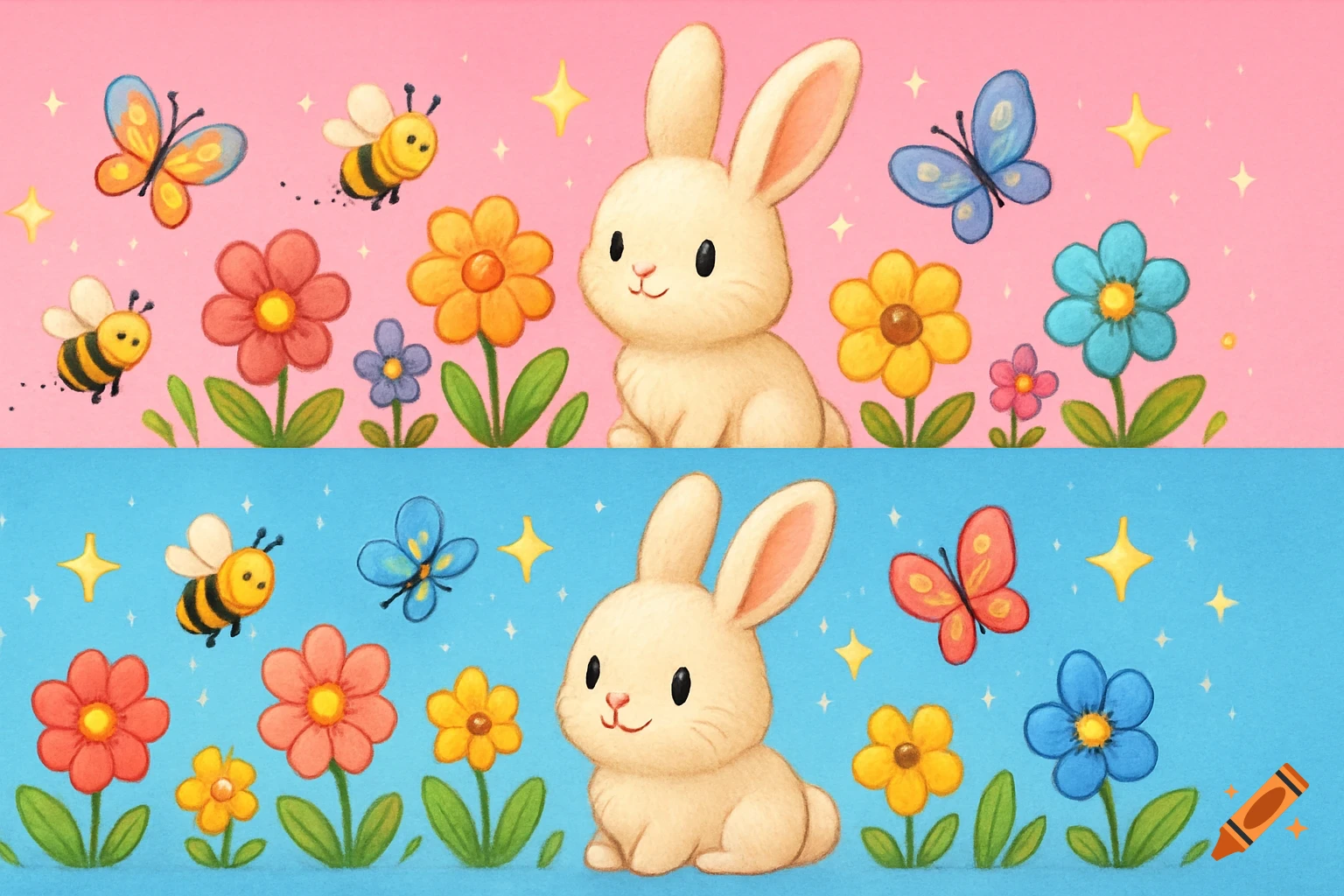 Two horizontal sections: a pink half and a blue half, both featuring a cute cartoon bunny, bees, butterflies, and colorful flowers.