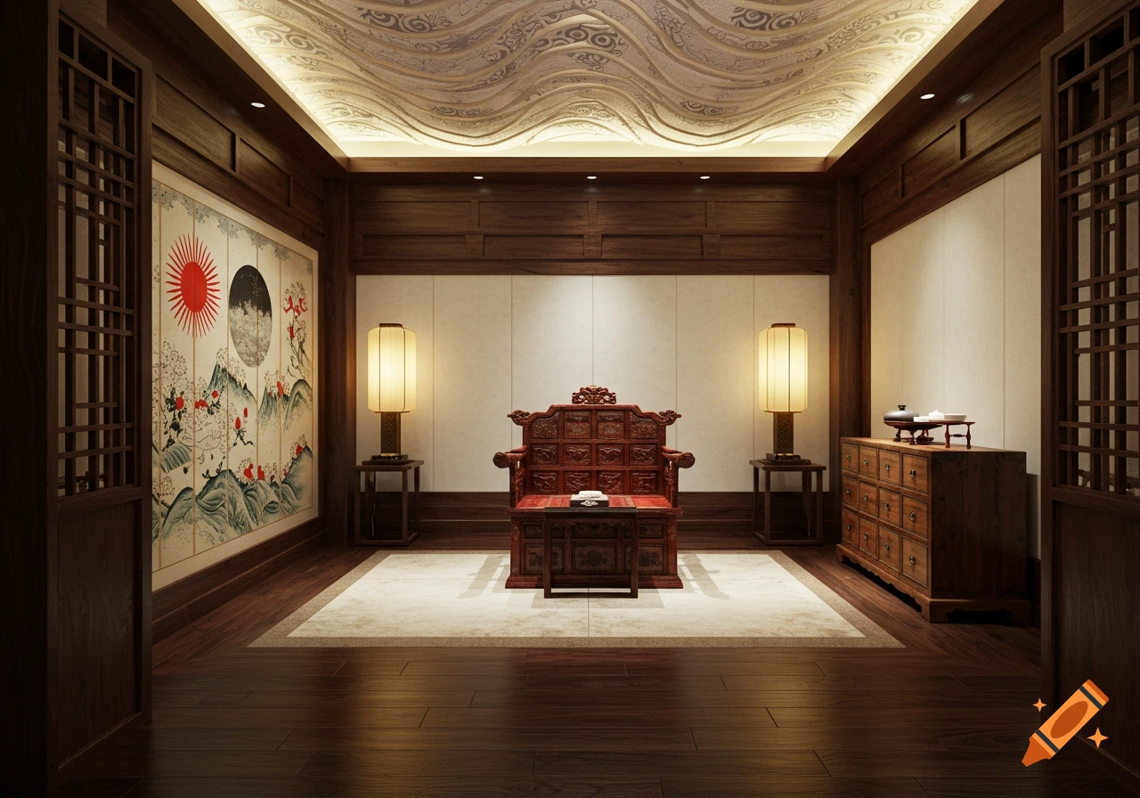 A traditional Korean room with a king's chair, lamps, a chest, and a painted screen depicting the sun and moon.