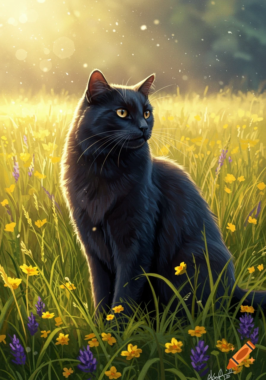 A majestic black cat with golden eyes sits in a sunny field of yellow and purple wildflowers, rendered in a beautiful digital painting style.