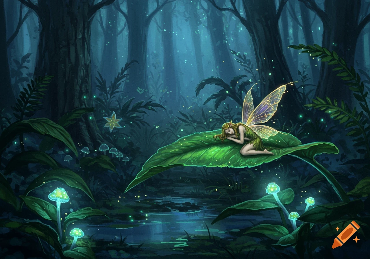 An oil pastel illustration of a fairy sleeping on a large leaf in a dark, bioluminescent forest.