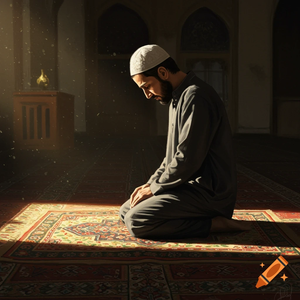 A man in traditional attire kneels on a prayer rug in a sunlit mosque, praying.