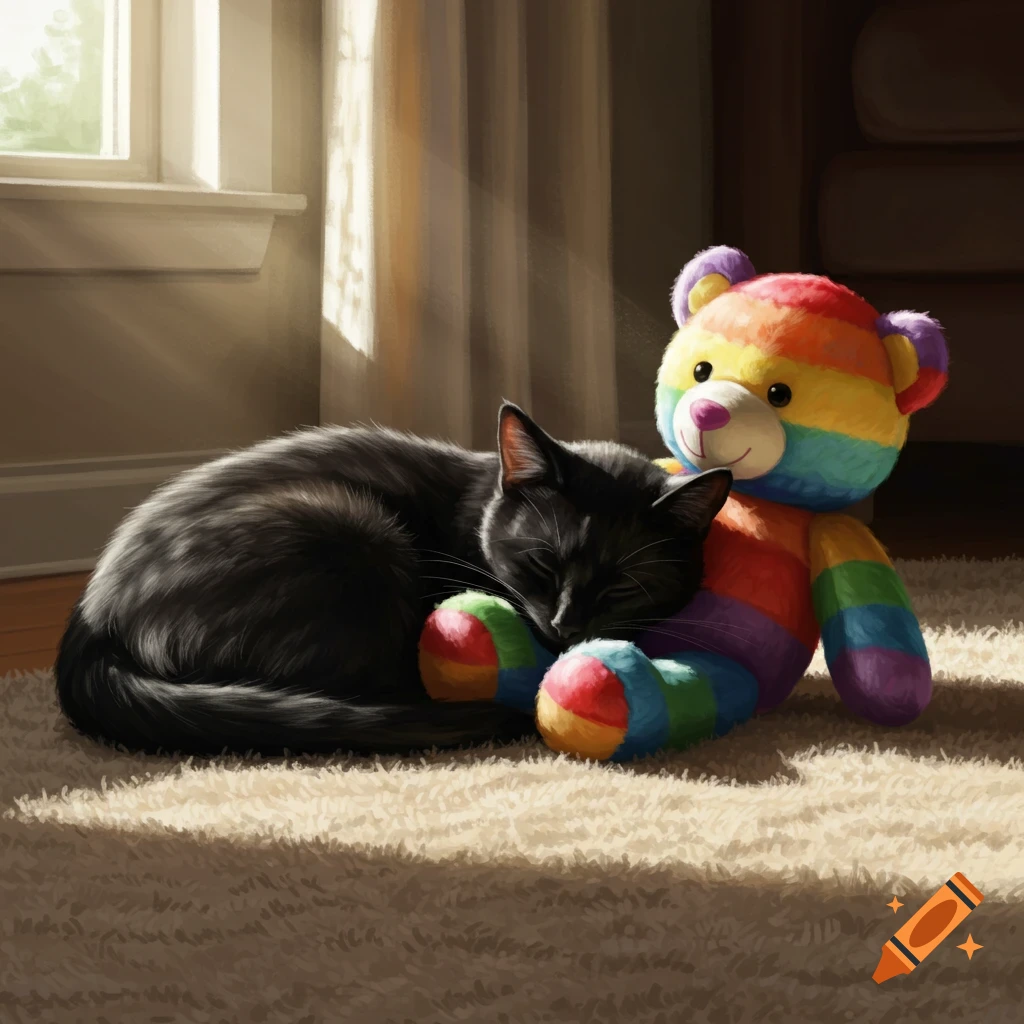 A photorealistic black cat sleeps snuggled next to a rainbow teddy bear on a fuzzy rug in a sunbeam.