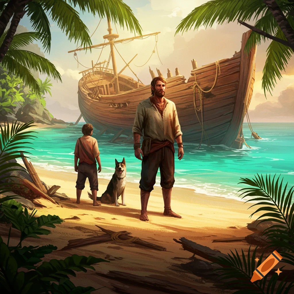 An illustrated scene of a man, boy, and dog on a sandy beach looking at a large shipwreck with palm trees.