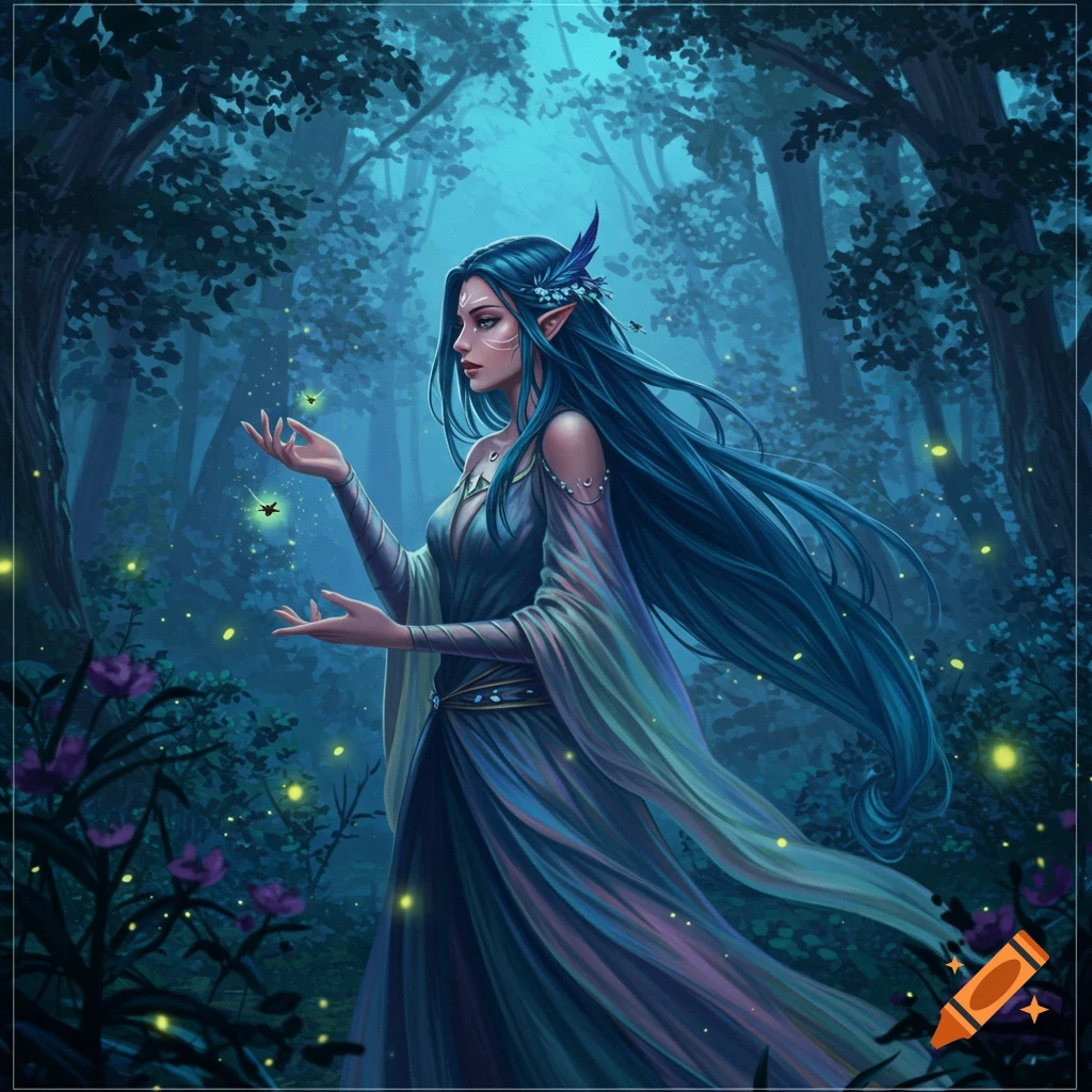An elegant elf woman with long blue hair and pointy ears, in a dark, glowing magical forest with fireflies.