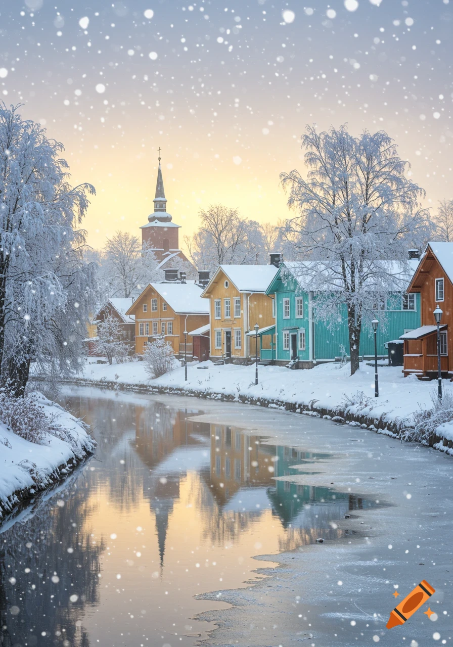 Photorealistic winter landscape with colorful houses and a church lining a partially frozen river as snow falls at sunset.