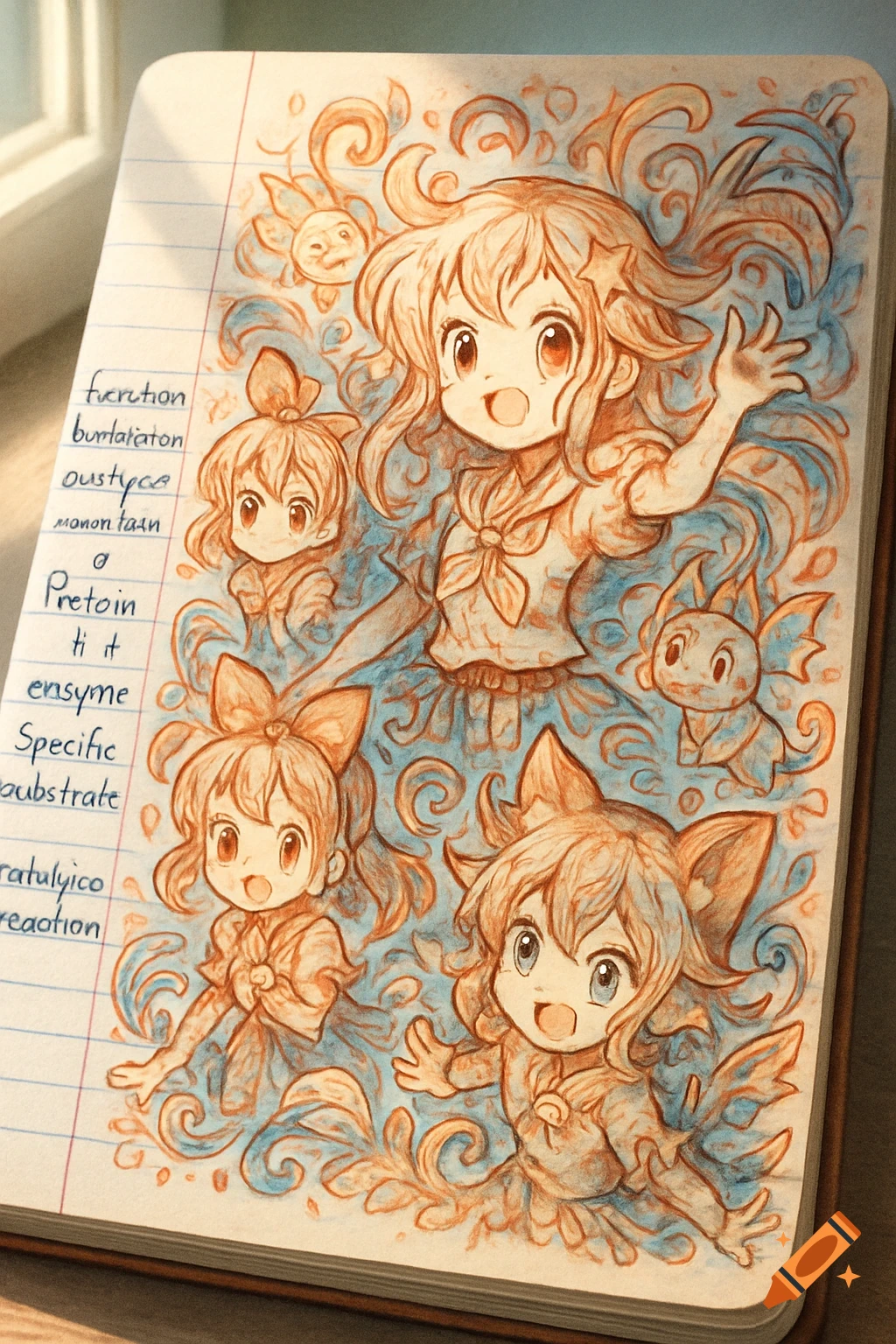 Anime-style doodles of cute girls and creatures on a lined notebook page with handwritten text.