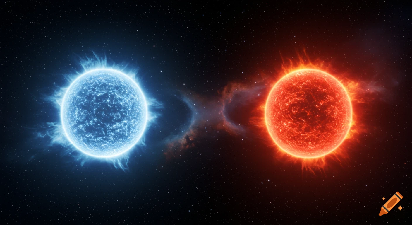Two bright stars, one blue and one red, glow intensely against a dark, star-filled cosmic background.