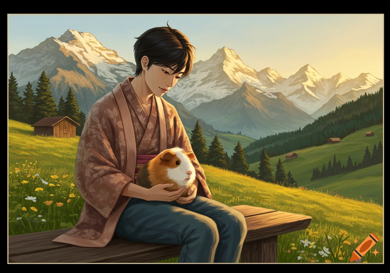 Anime person in a kimono holds a guinea pig, sitting on a bench in a sunny green mountain landscape with cabins.