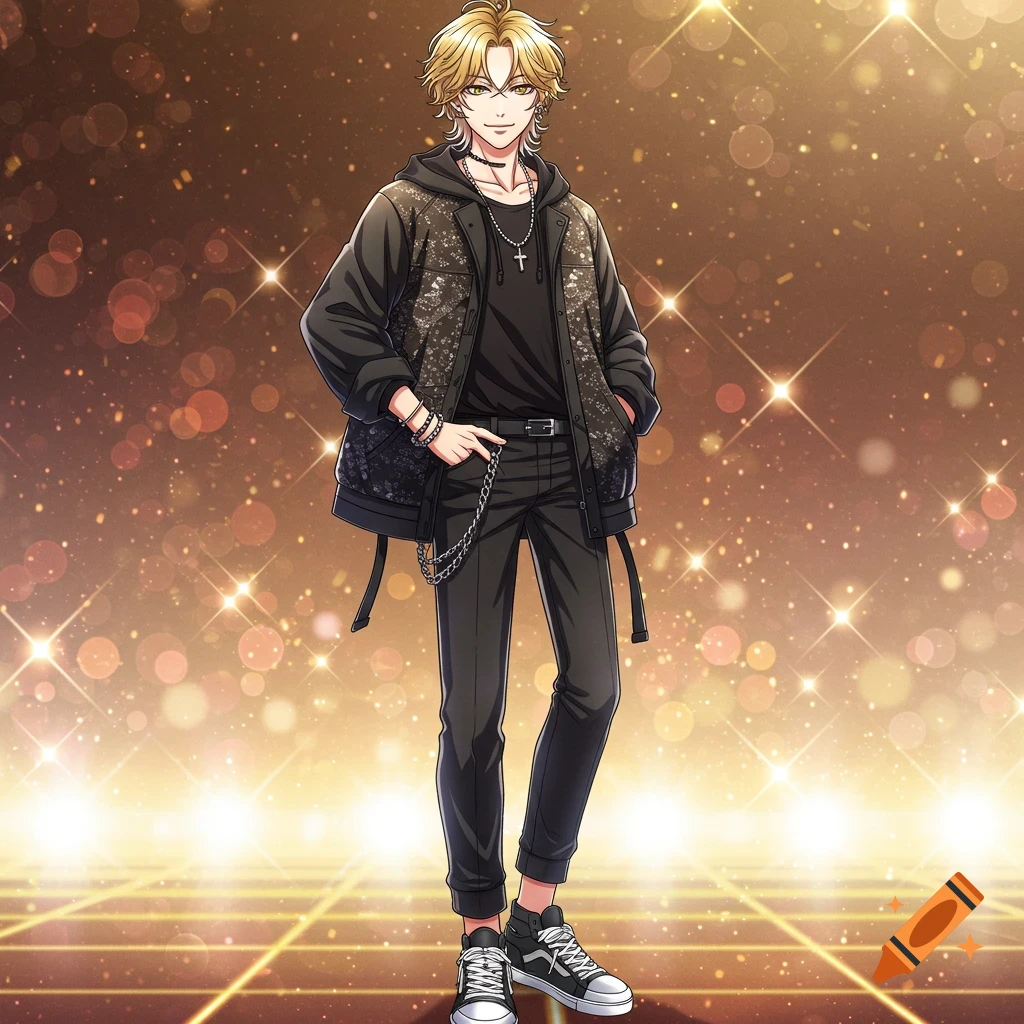 A stylish anime-style young man with blonde hair and hazel eyes, wearing a black streetwear outfit, stands on a glittering stage.