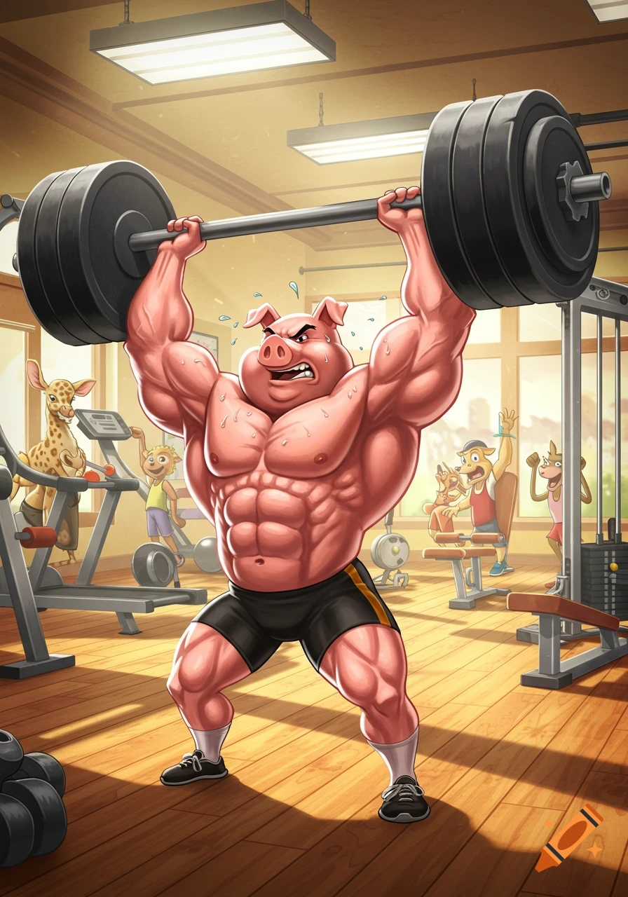 A muscular cartoon pig in black shorts lifts a heavy barbell overhead in a busy gym with other anthropomorphic animals.