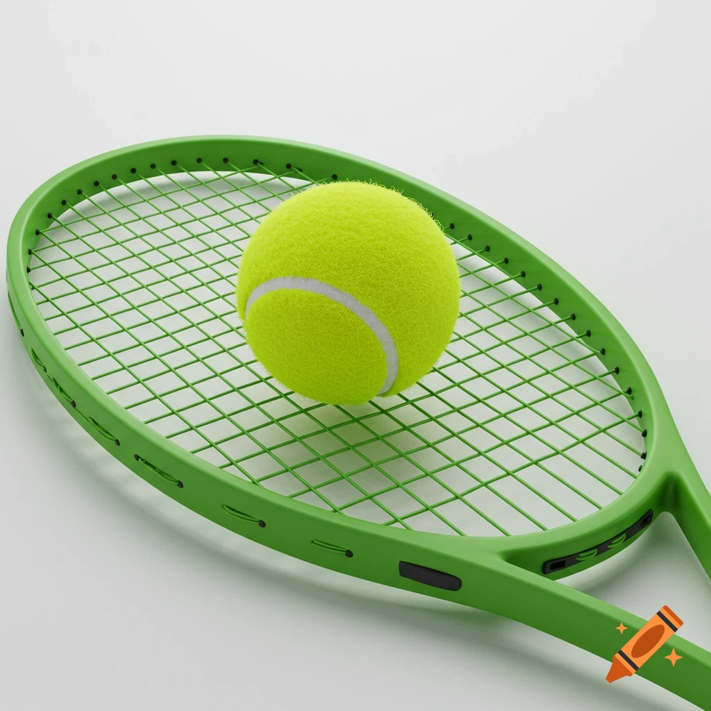 A bright green tennis racket with a yellow tennis ball resting on its strings, set against a white background.