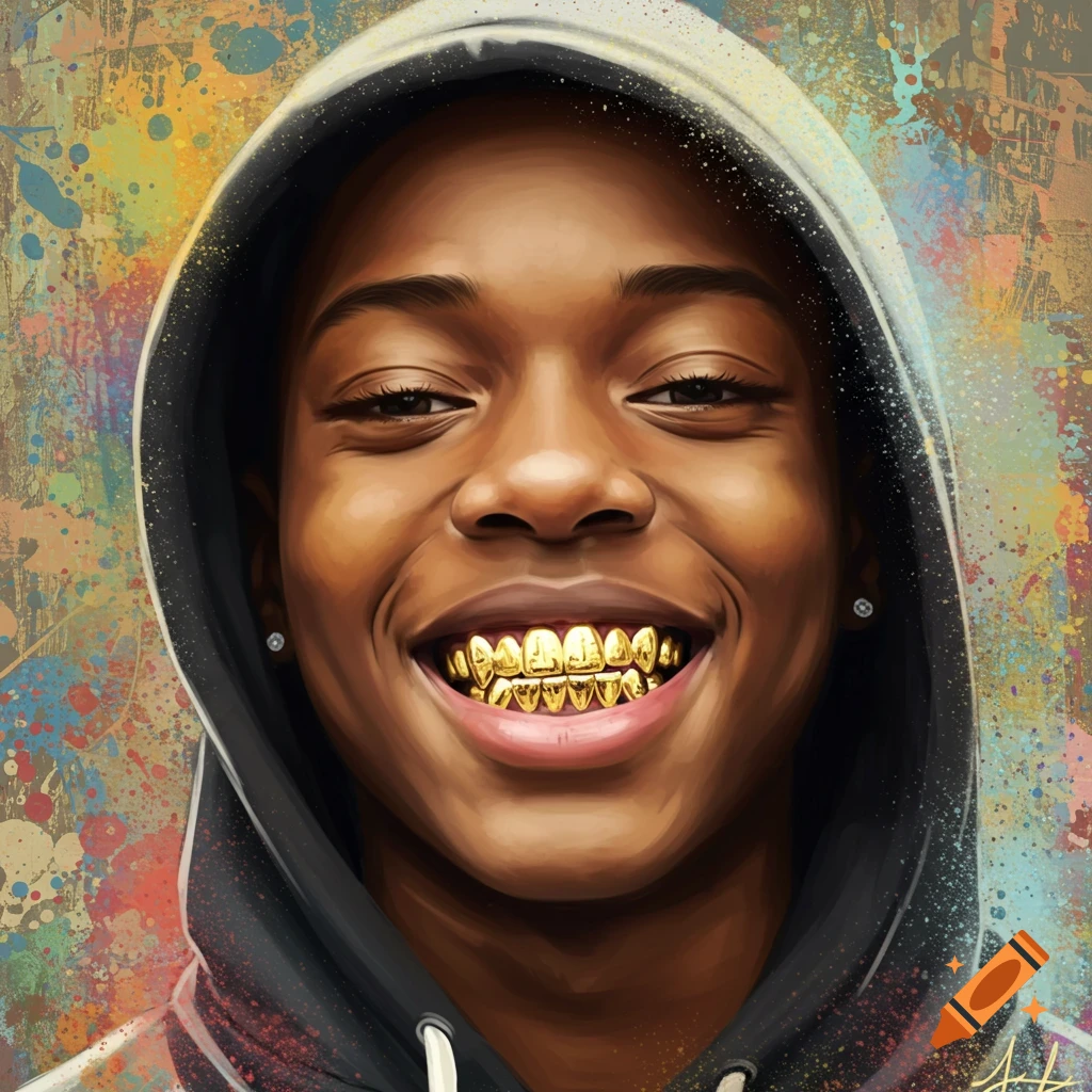 Illustration of a smiling young person wearing a black hoodie and gold grillz, against a colorful graffiti splatter background.