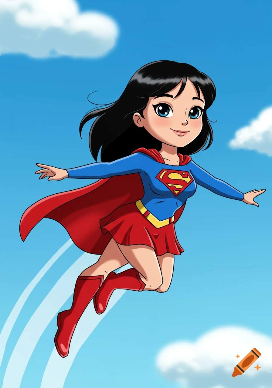 Cartoon superhero girl with black hair and blue eyes, wearing a blue top, red cape, red skirt, red boots, and yellow belt, flying through a blue sky with clouds.