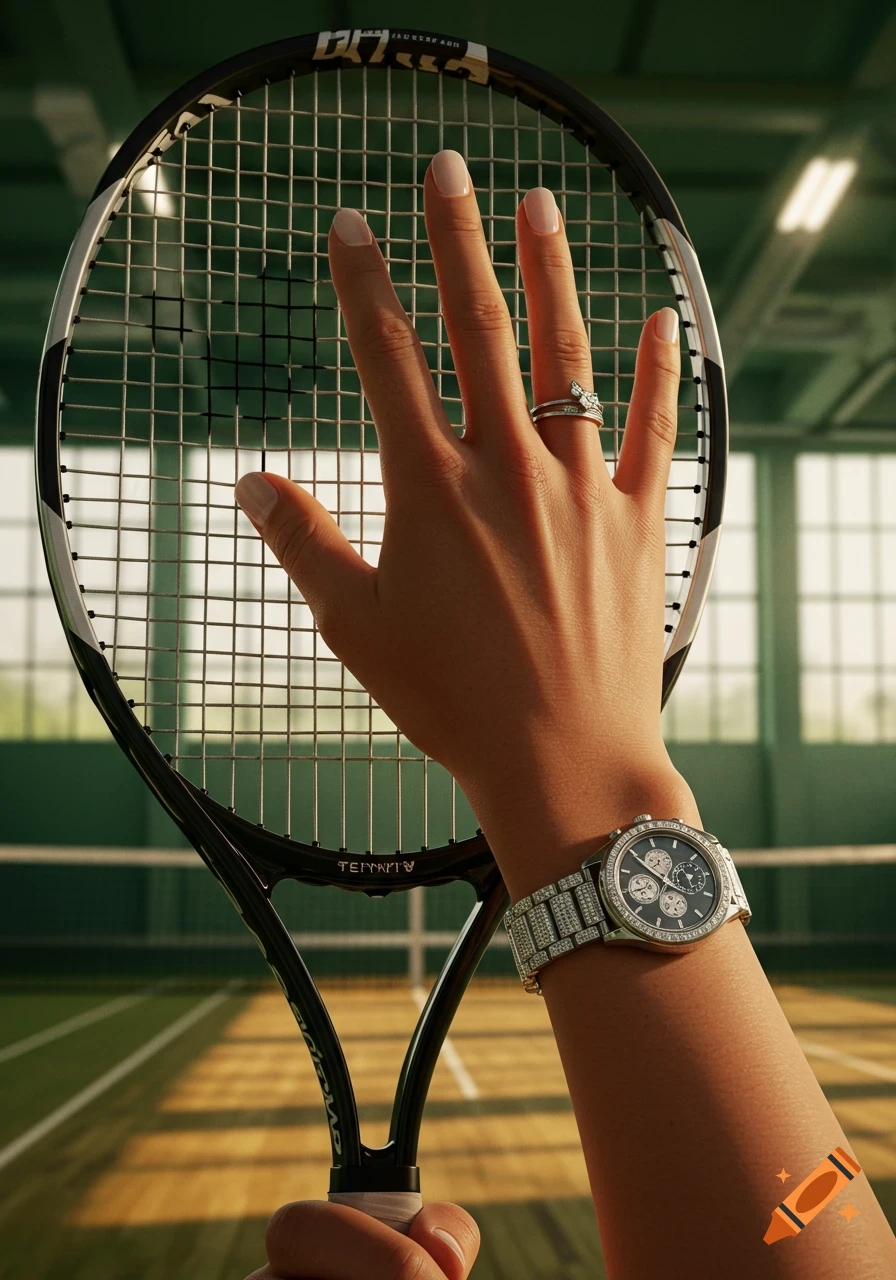 A hand wearing a diamond ring and a diamond-encrusted watch holds a tennis racket on an indoor court.