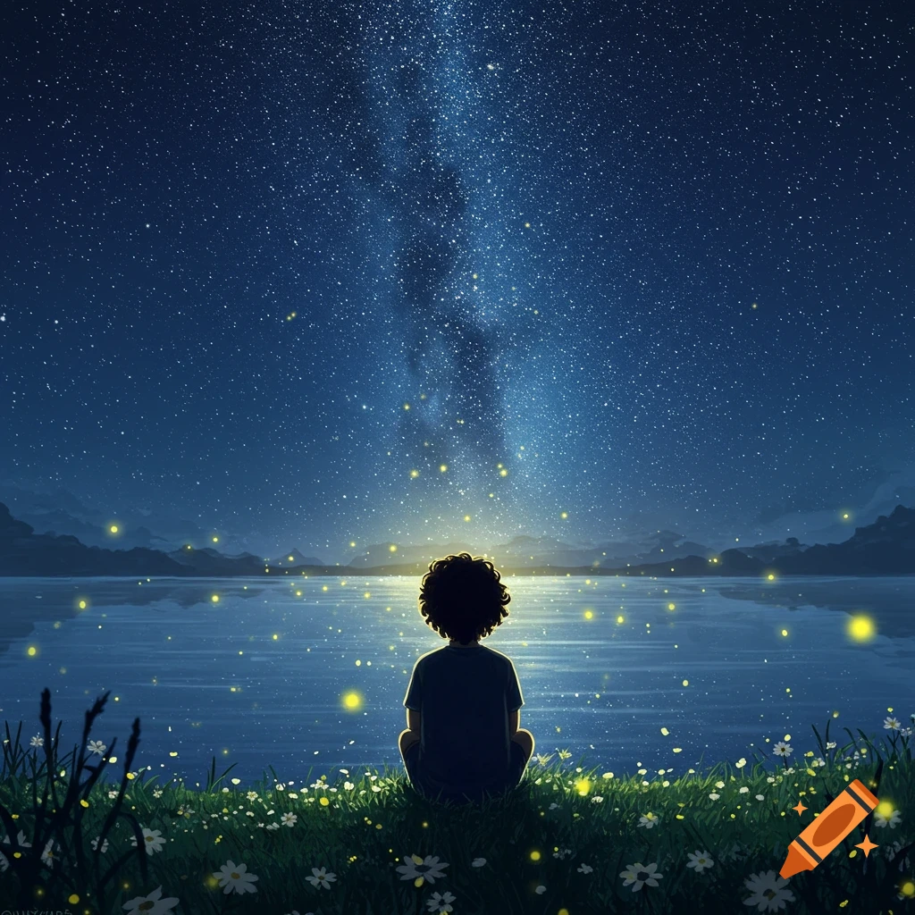 Illustrated person sits by a lake under a starry night sky with glowing fireflies.