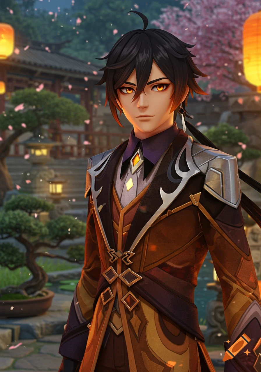 Anime illustration of Zhongli with dark hair and amber eyes in an intricate brown suit, standing in a cherry blossom garden with lanterns.