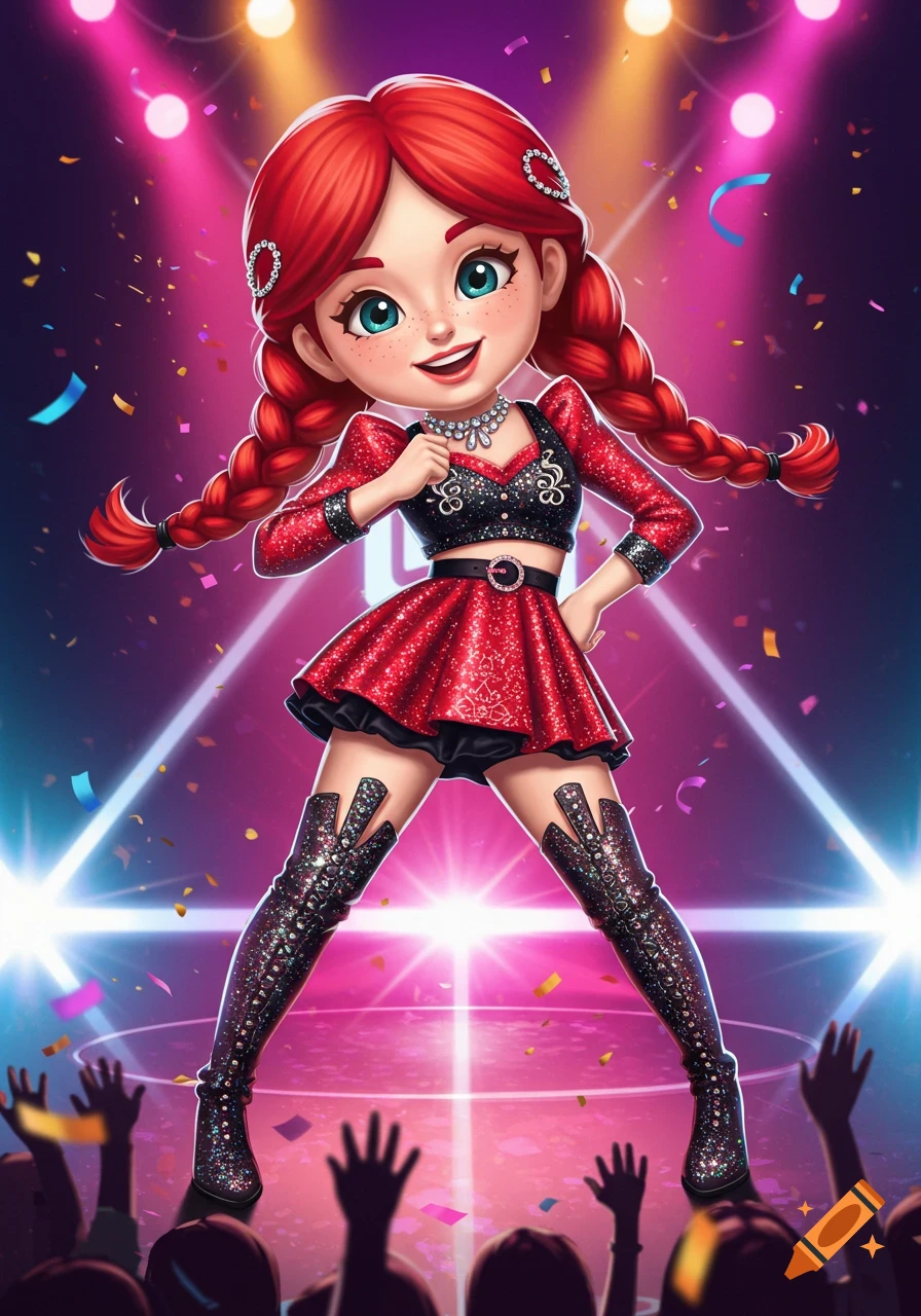 A cartoon girl with red pigtails in a sparkly red K-pop outfit performs on a brightly lit stage with confetti and an audience.