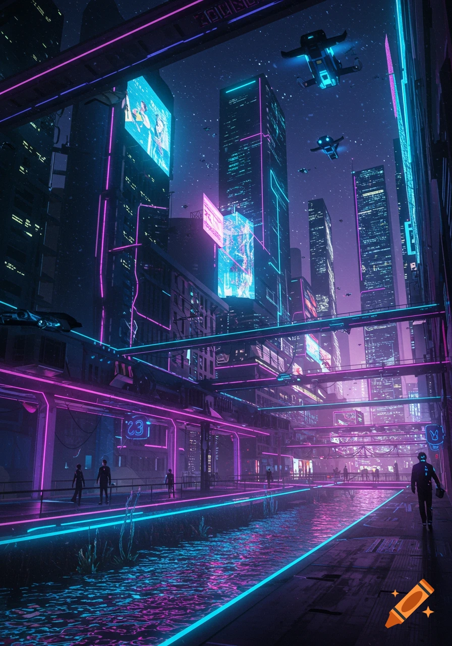 A vibrant, neon-lit futuristic city at night, with towering skyscrapers, flying drones, and glowing pathways along a canal.