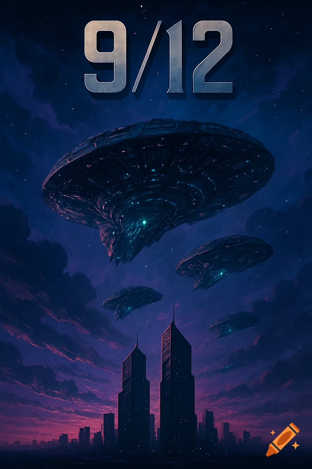 A movie poster showing large alien spaceships hovering over a city skyline at dusk, with two prominent skyscrapers and the text '9/12' above.