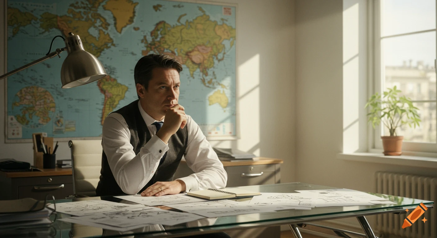 Thoughtful businessman in a modern office with a world map behind him, papers and a notebook on his desk.
