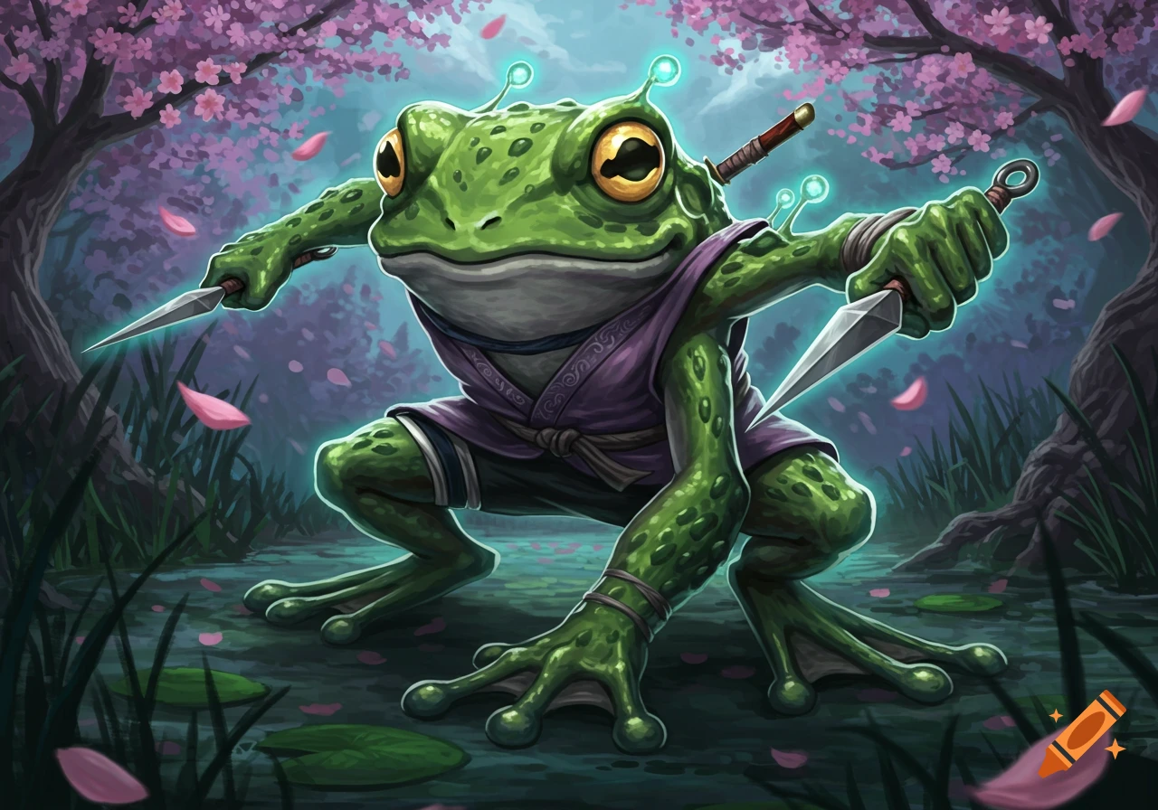 A green, stylized frog ninja crouches in a forest with cherry blossoms and lily pads, holding two daggers.