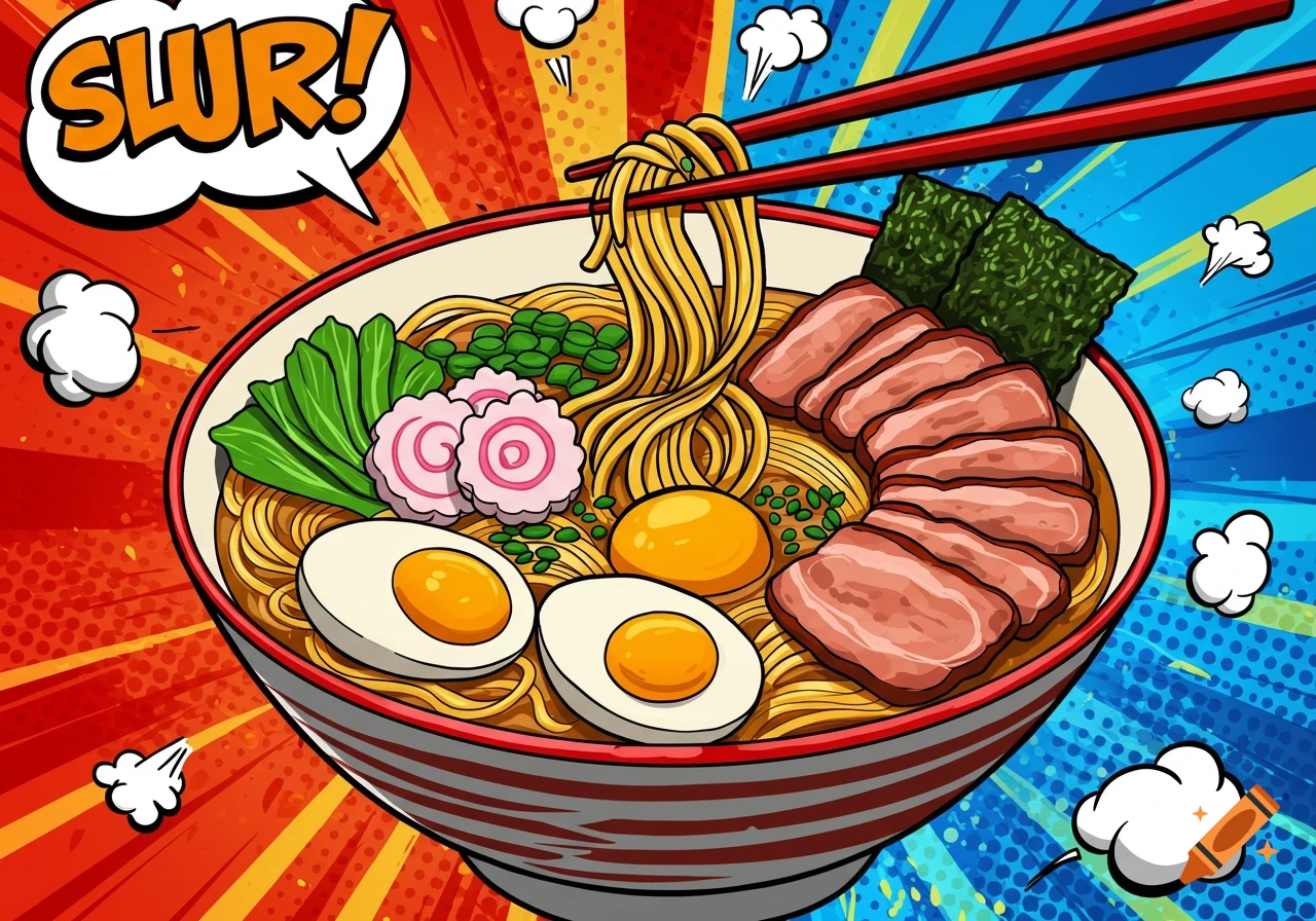 A vibrant pop art illustration of a bowl of ramen with chopsticks, pork, eggs, and noodles, with "SLUR!" in a speech bubble.
