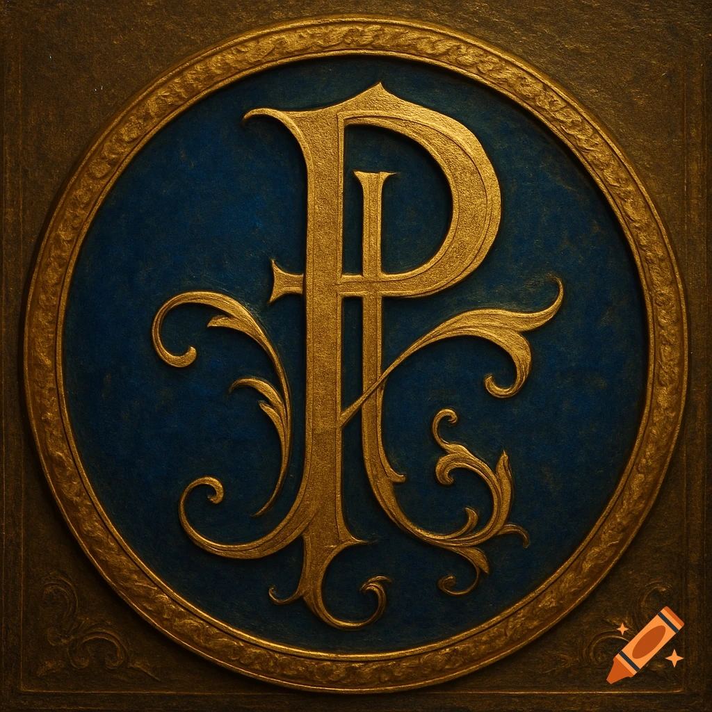 Ornate golden letter P with a hidden cross, set against a dark blue circular background with a golden decorative border.