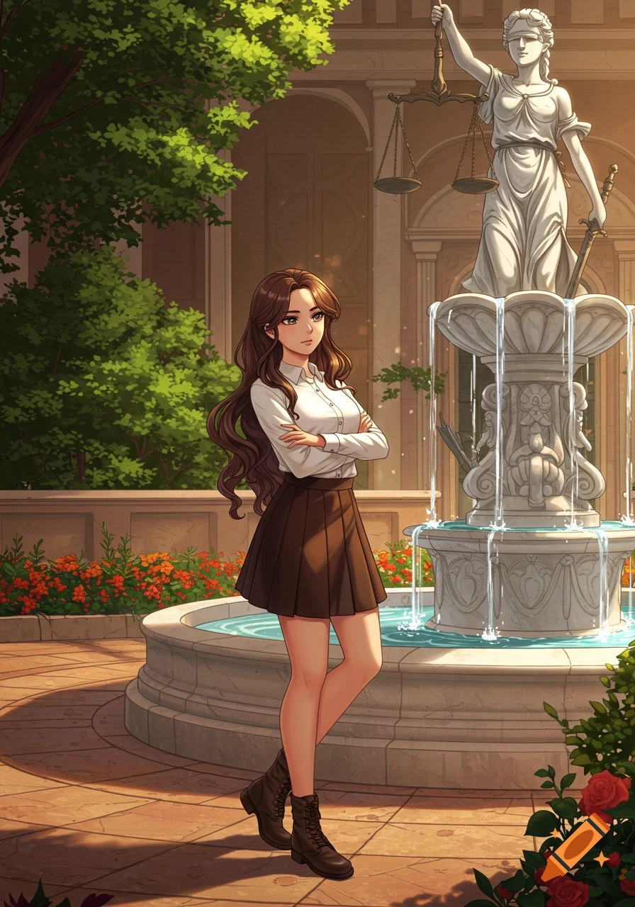 Anime girl in white shirt and brown skirt stands near a fountain with the blindfolded Statue of Justice in a sunny courtyard.