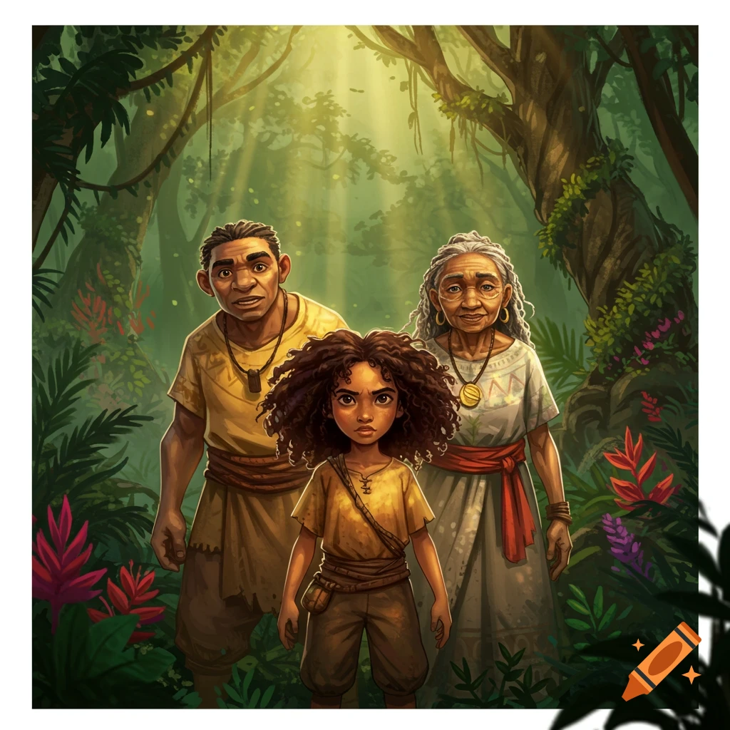 Illustrated image of a man, girl, and elderly woman standing in a lush, sunlit jungle.