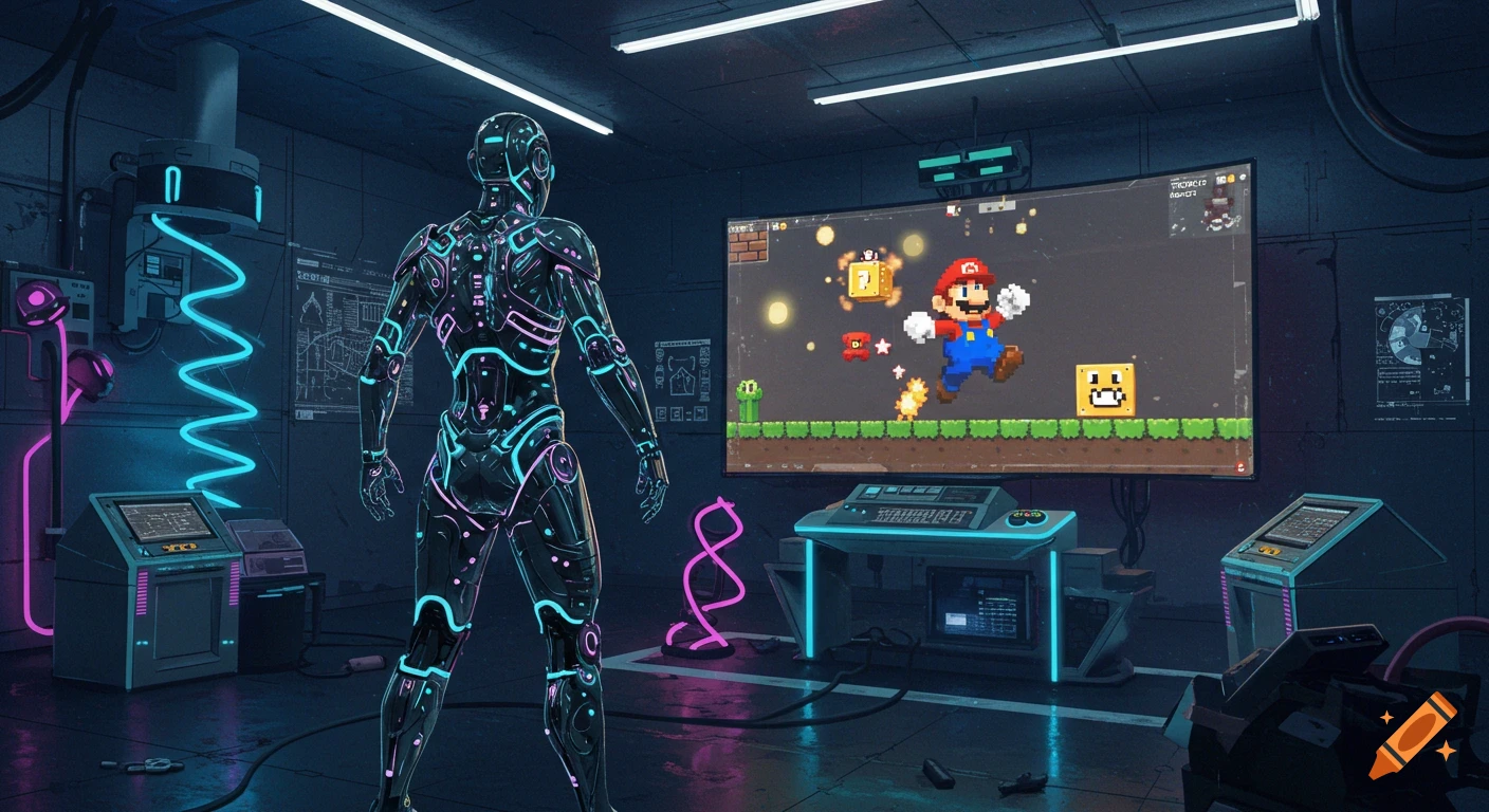 A futuristic glowing robot watches Mario on a large panoramic screen in a dark, neon-lit gaming lab.