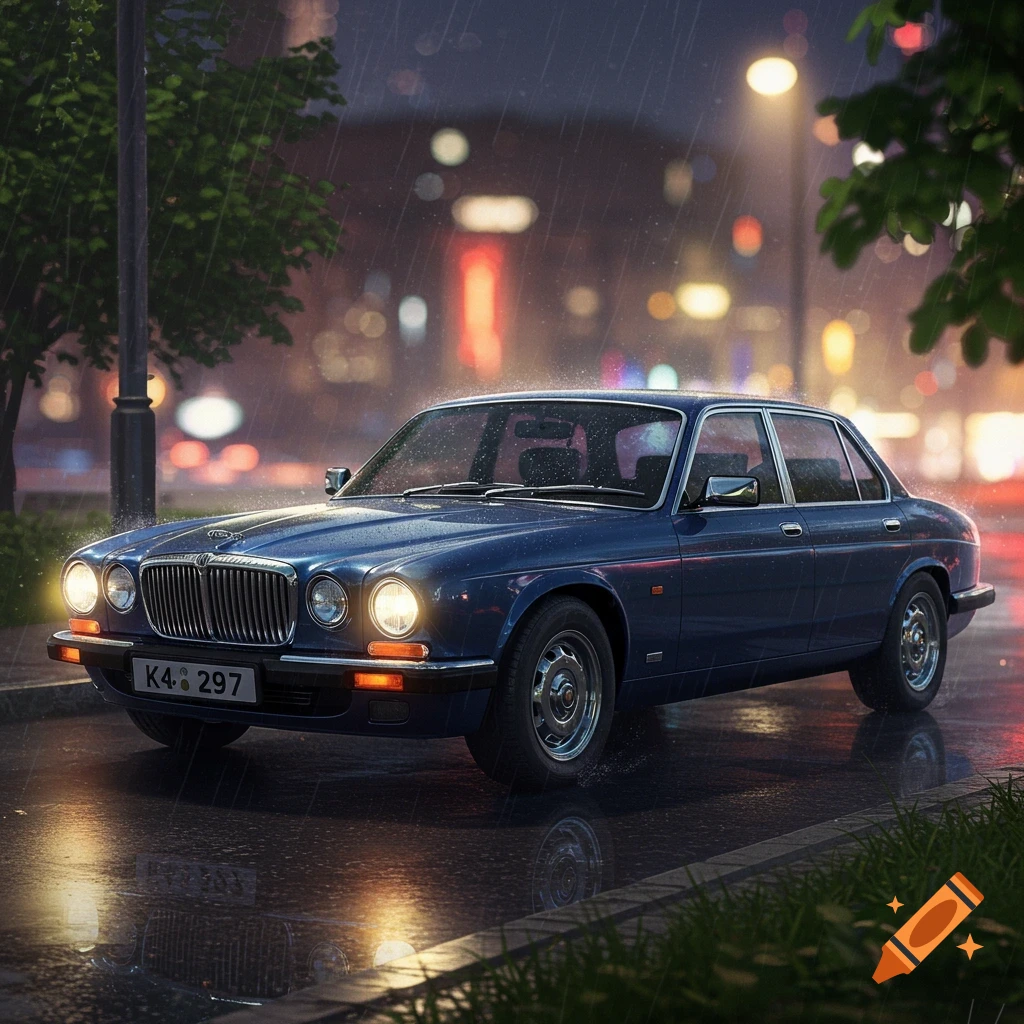A photorealistic image of a dark blue classic car on a wet city street at night, with rain falling and glowing streetlights.