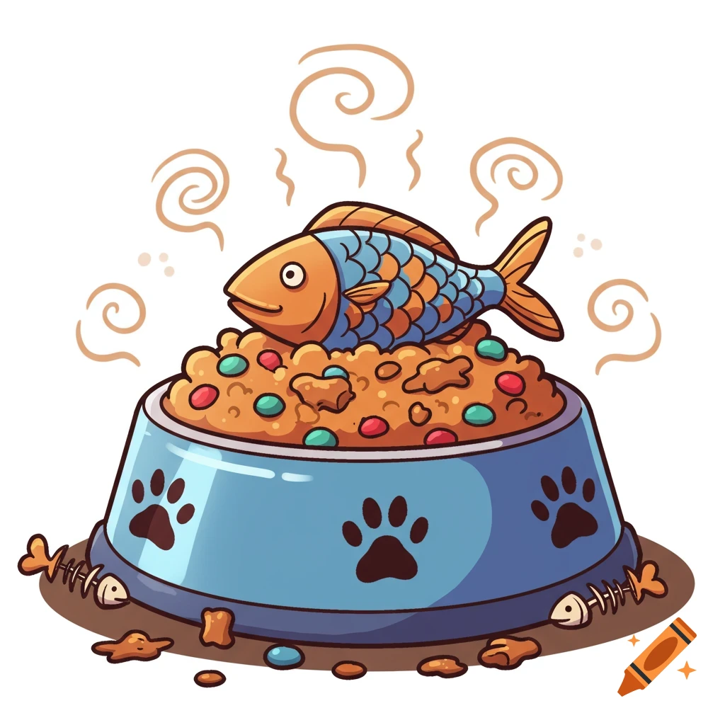 A cartoon pet food bowl with paw prints, filled with kibble and a whole fish on top, with fish bones and kibble scattered around the base.