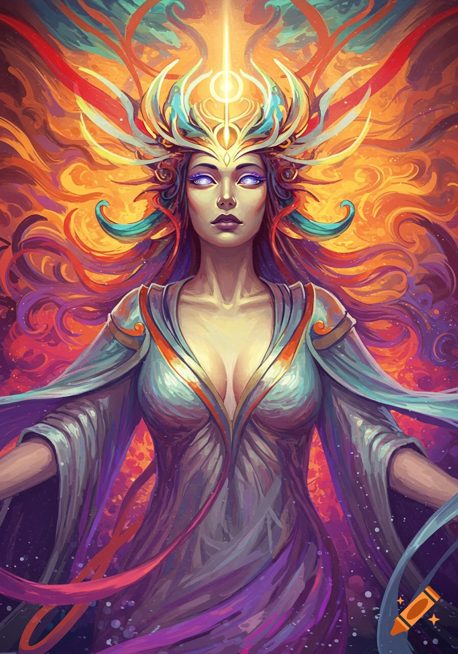 Stylized digital art of a goddess with an elaborate headdress, glowing eyes, and flowing robe against a vibrant abstract background.