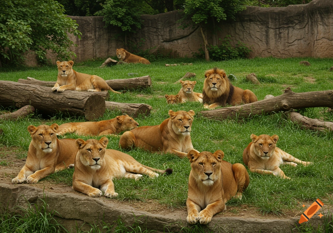 A pride of lions, including a male with a mane, rest and lie on green grass in a zoo enclosure with logs and a rock wall.