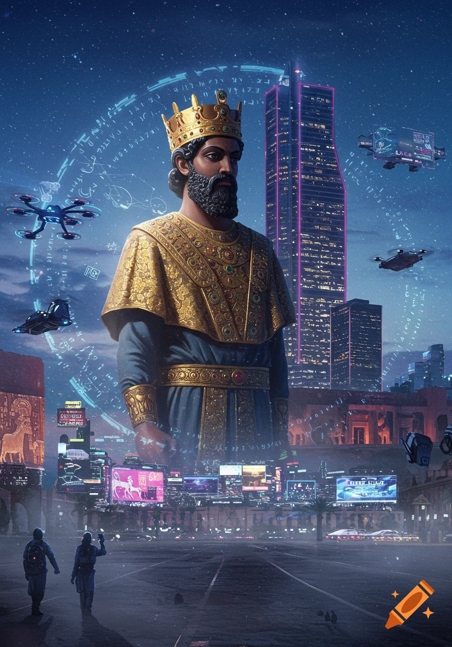 An ancient king in gold and blue robes stands in a futuristic city at night, surrounded by glowing tech, drones, and neon billboards.