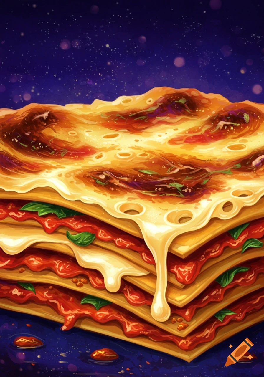 Abstract colorful lasagna with melting cheese and tomato sauce layers against a dark blue, starry background.