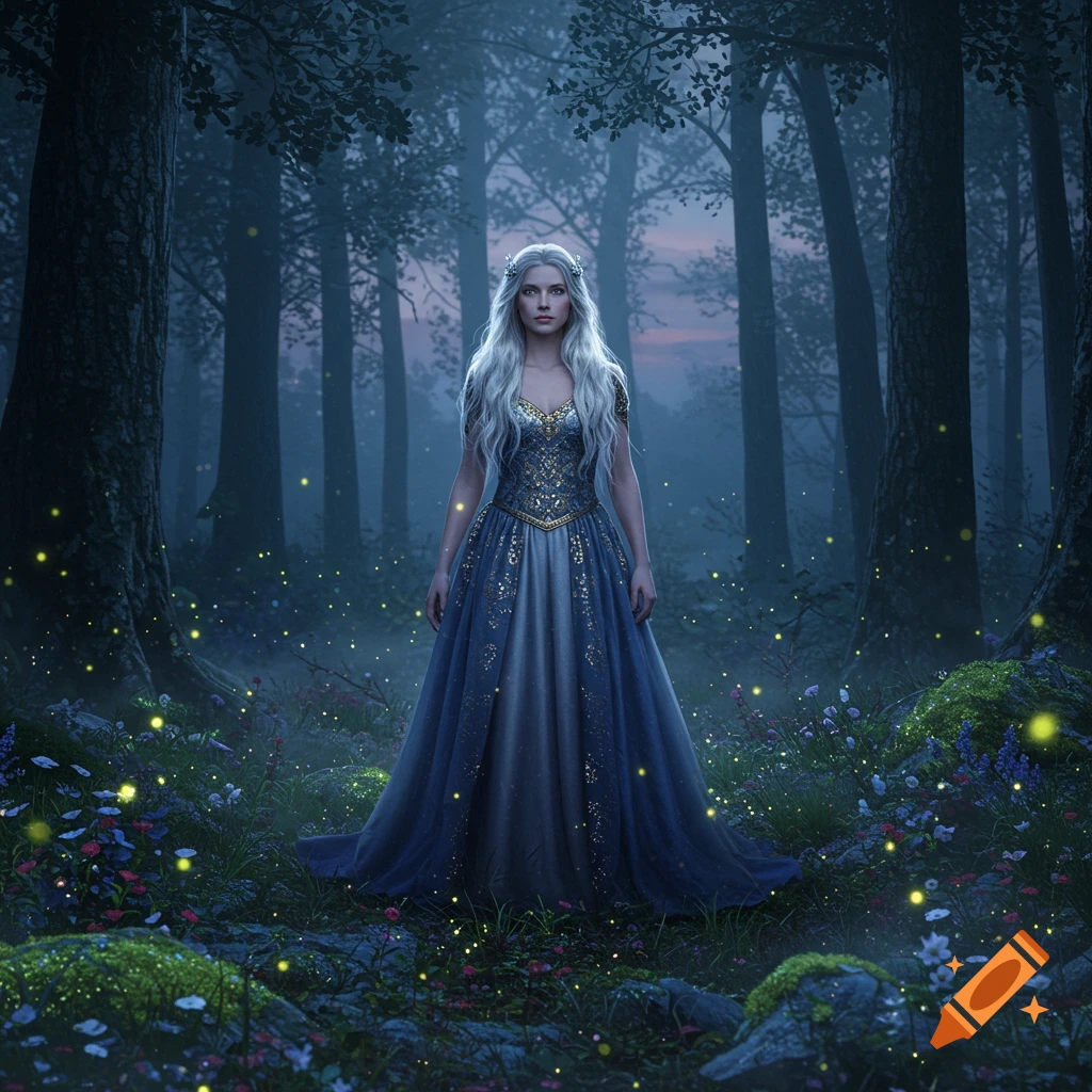 A woman with long blonde hair in an elegant blue and gold gown stands in a magical forest at dusk, surrounded by glowing fireflies.