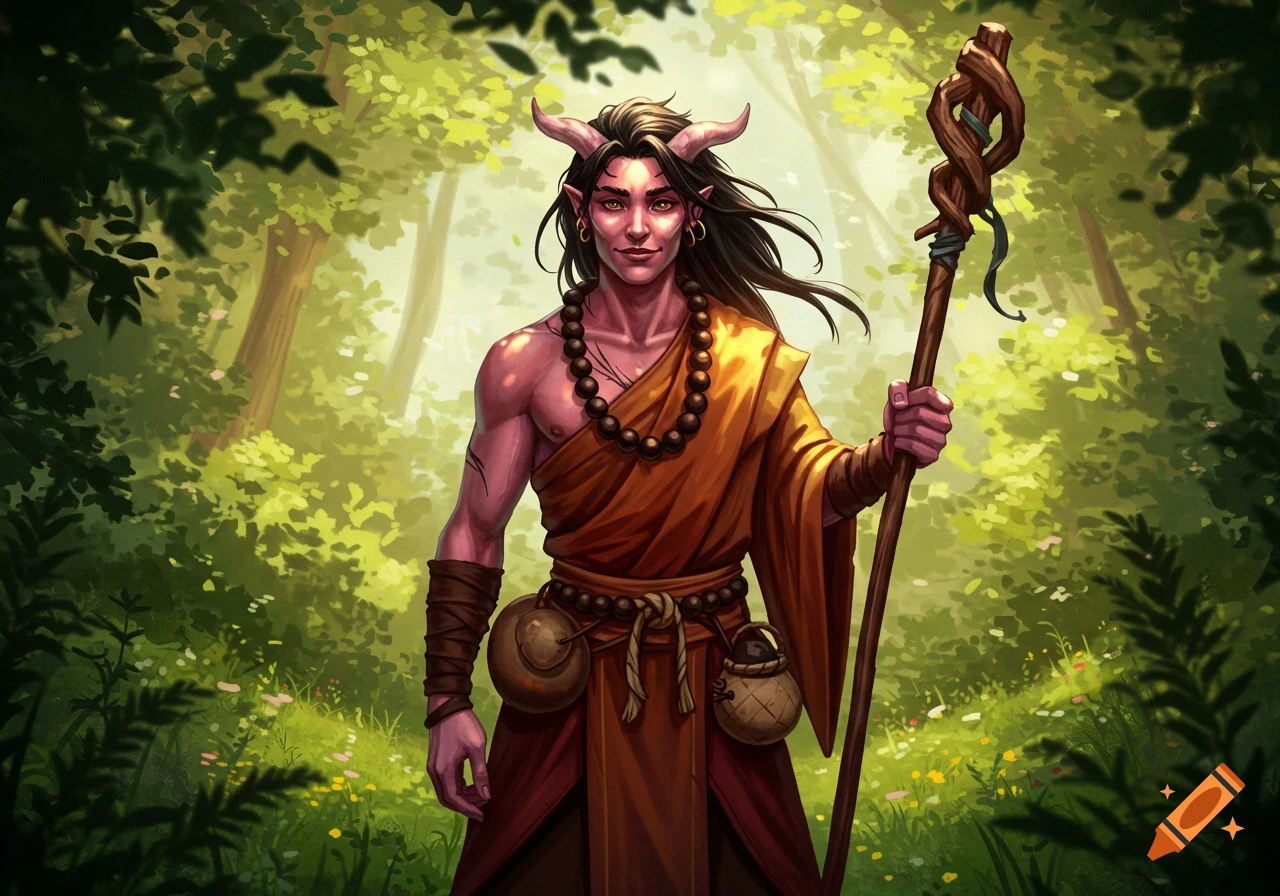 A pink-skinned, dark-haired male firbolg monk with horns, wearing an orange robe and prayer beads, holding a gnarled staff in a lush forest.