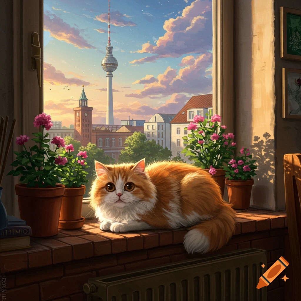 Fluffy orange and white cat on a windowsill looking at Berlin cityscape with TV Tower and pink flowers at sunset, digital art.