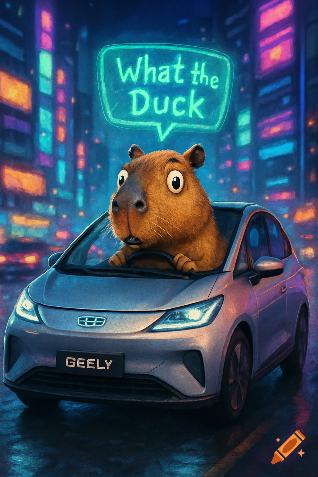 Cartoon capybara driving a Geely car at night in a city with a 'What the Duck' speech bubble, digital art.