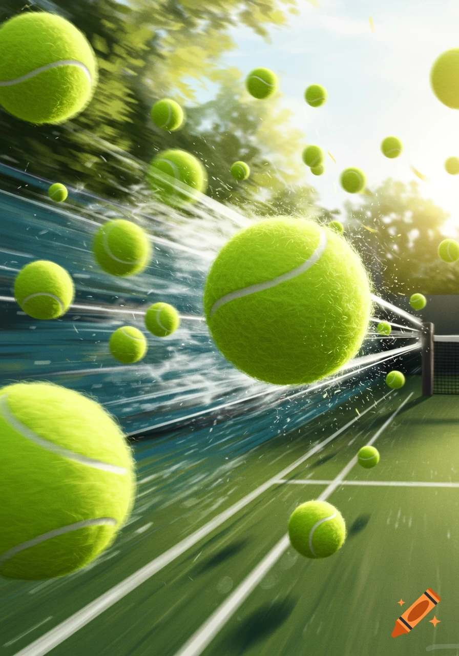 Many bright green tennis balls fly across a tennis court with motion blur, approaching a net under a sunny sky.