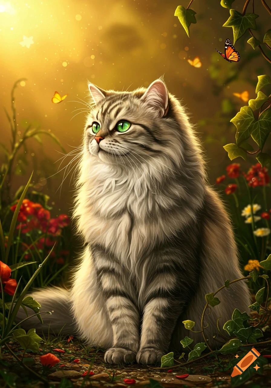 A fluffy grey and white cat with bright green eyes sits in a sunlit, enchanted forest with glowing particles and butterflies.