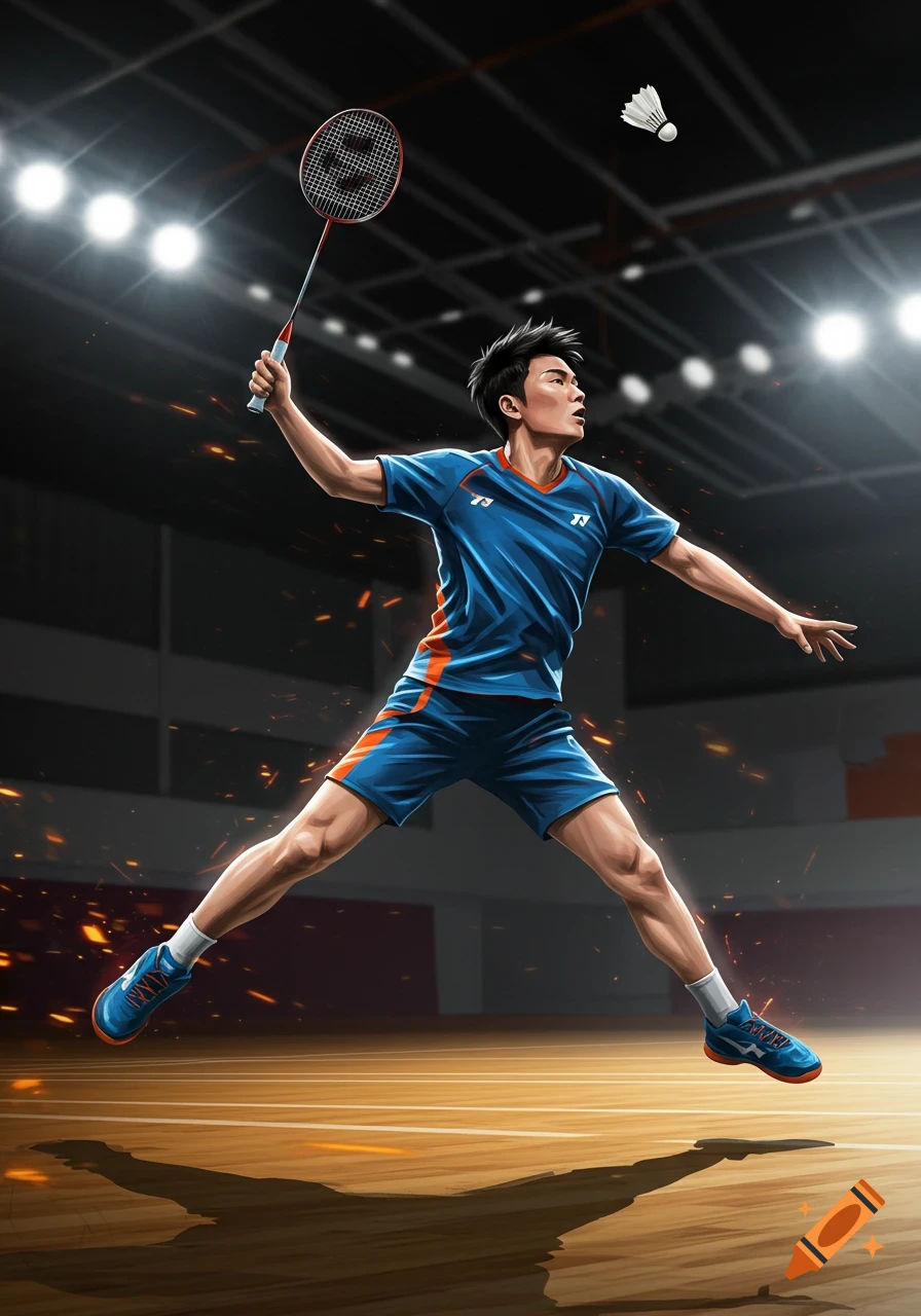 A dynamic digital illustration of a male badminton player in a blue uniform leaping to hit a shuttlecock on a brightly lit court.