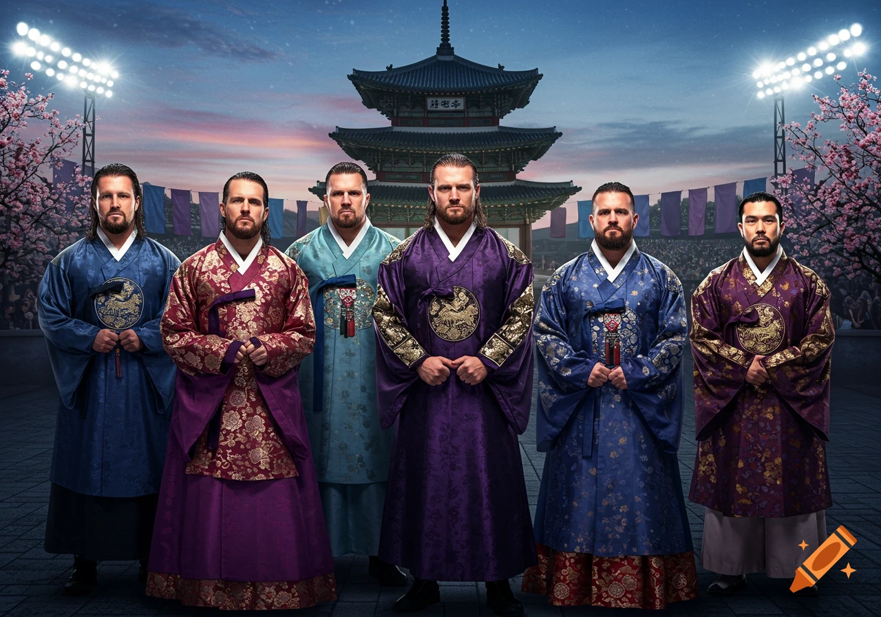 Six men in colorful, embroidered Korean hanboks stand before a traditional pagoda and cherry blossoms under stadium lights.
