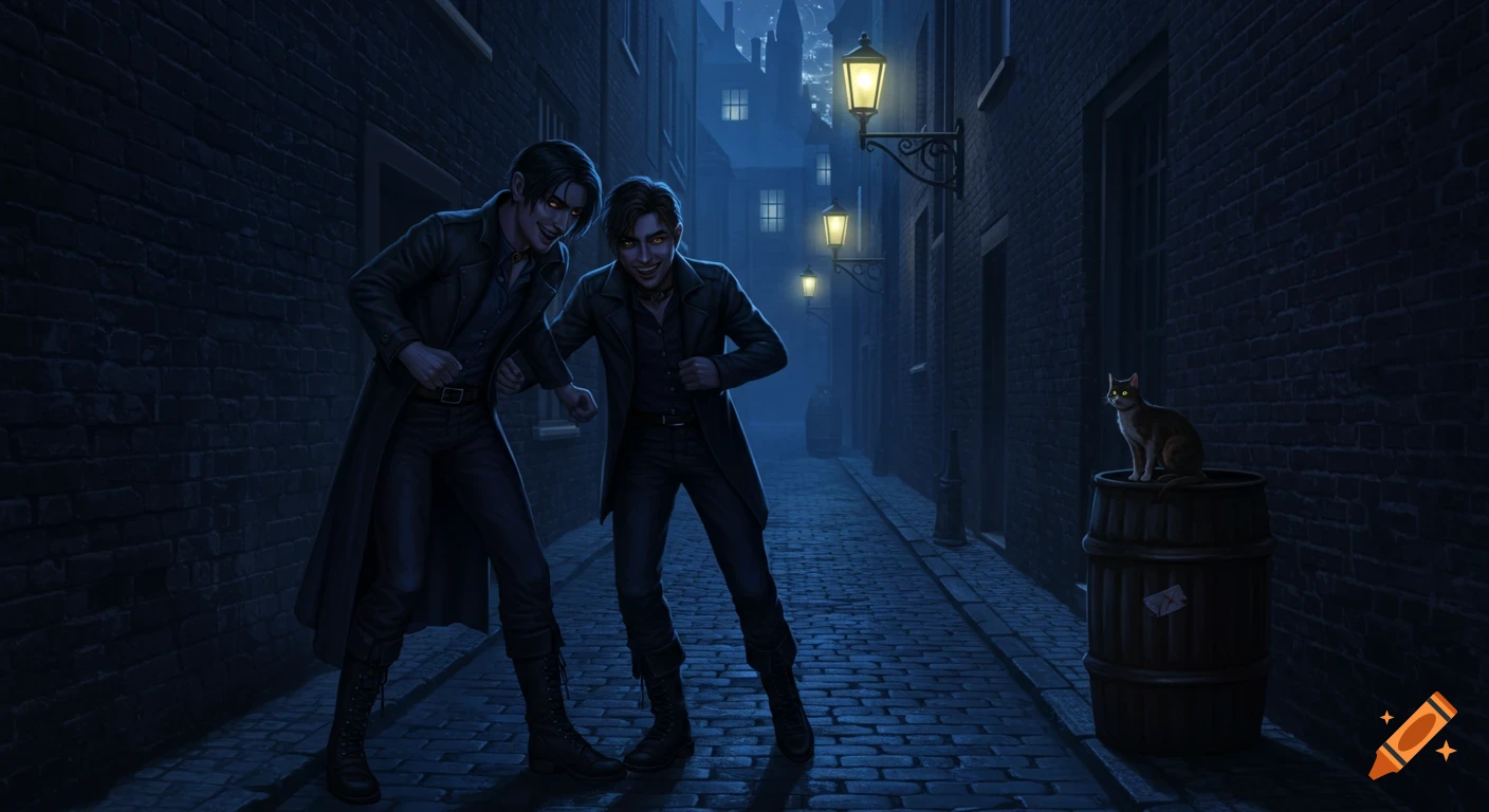 Two menacing men with glowing yellow eyes in dark coats stand in a dimly lit, cobblestone alley at night, with a cat on a barrel.