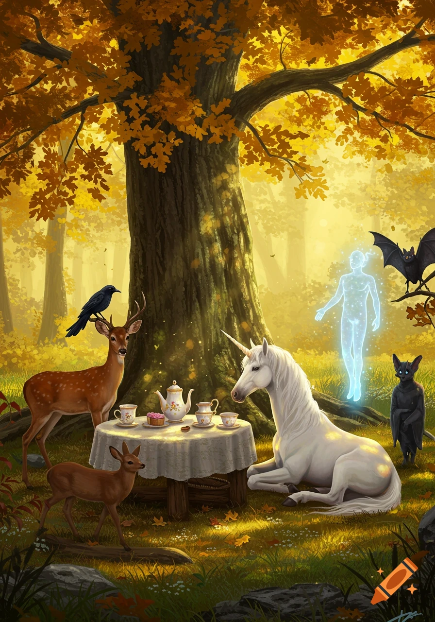 A fantasy illustration of a unicorn, deer, crow, bat, and glowing figure having a tea party under an autumn tree.