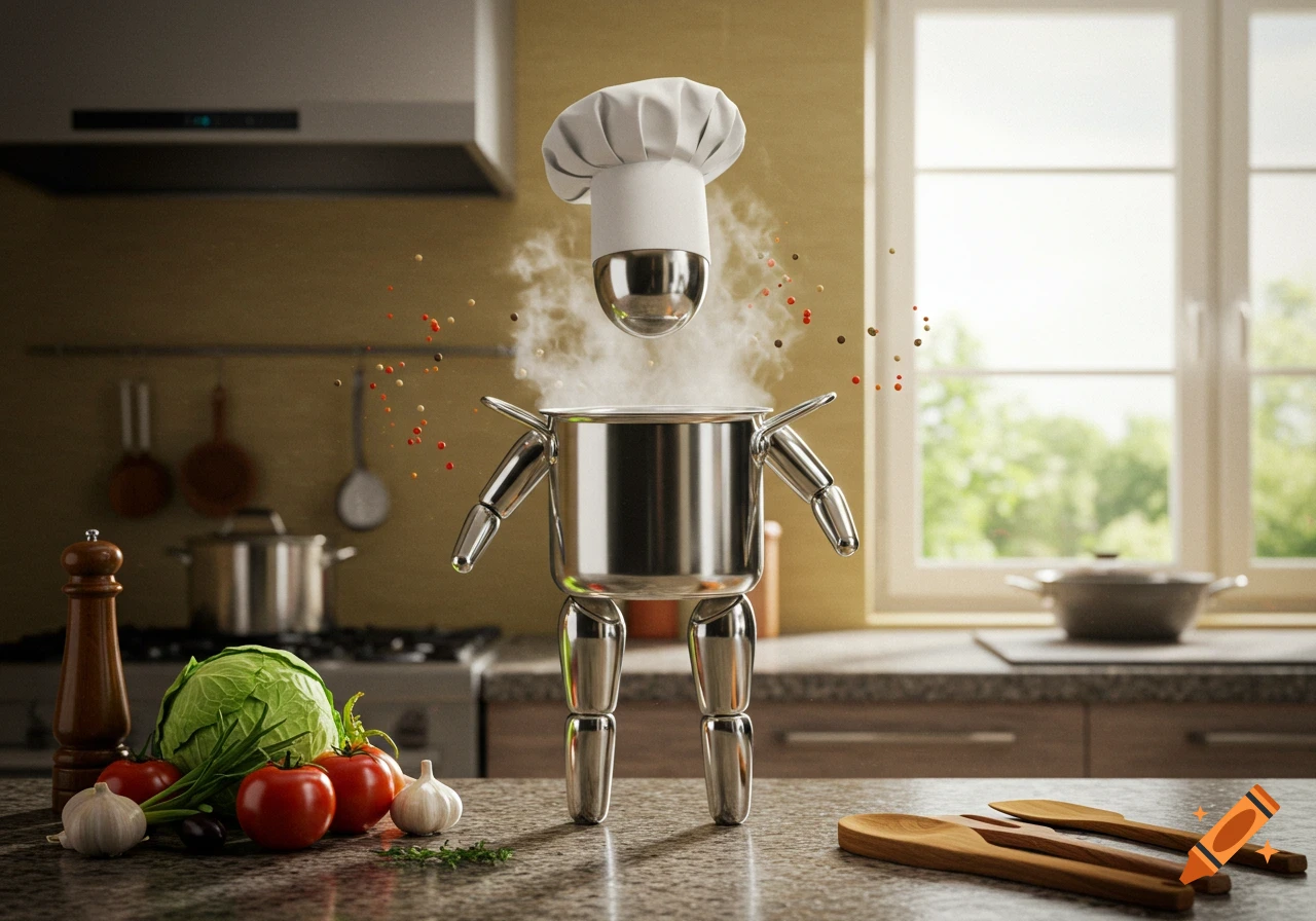Whimsical cooking pot chef with a chef's hat, steaming in a realistic kitchen next to fresh vegetables.