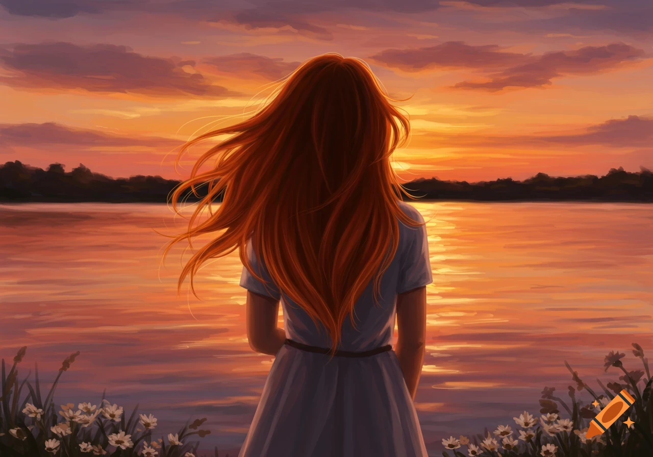 Illustrative digital painting of a person with long red hair, seen from behind, watching a vibrant sunset over a lake.
