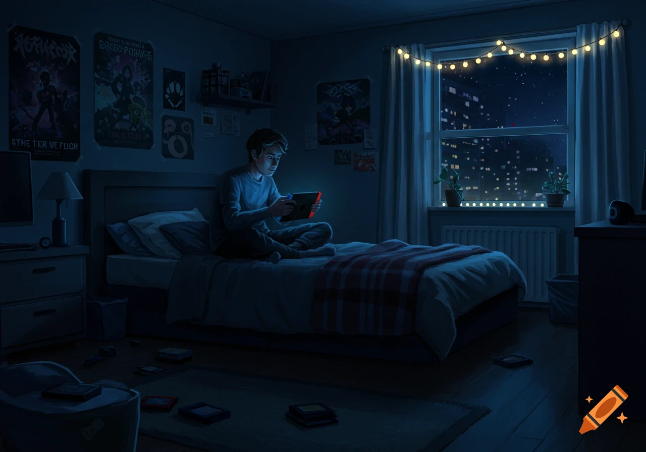 An illustrated scene of a person sitting cross-legged on their bed in a dark bedroom at night, illuminated by the glow of a handheld gaming device. City lights shine outside the window.